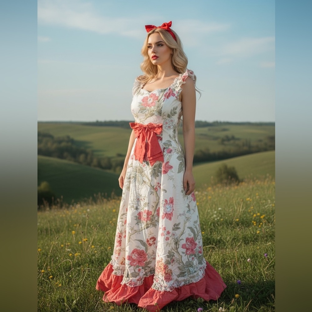 🎉HP🎉Victorian Choice Floral Cottagecore Midi Dress w/ Coral Ruffle Bow - Small